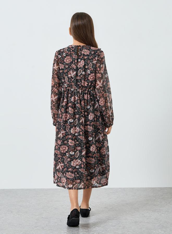 Styli Girls Black Floral Print Long Sleeve Dress - Image 3